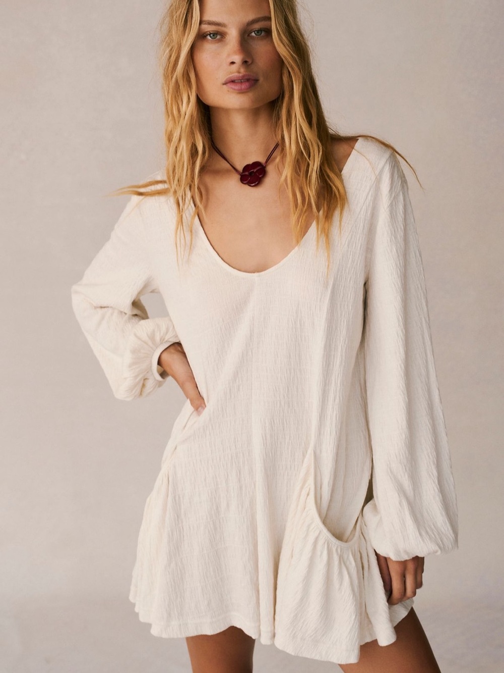 Free People Cream Scoop V-Neck Mini Dress with Balloon Sleeves